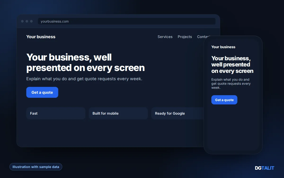 Illustration of a DGTALIT custom website on desktop and mobile