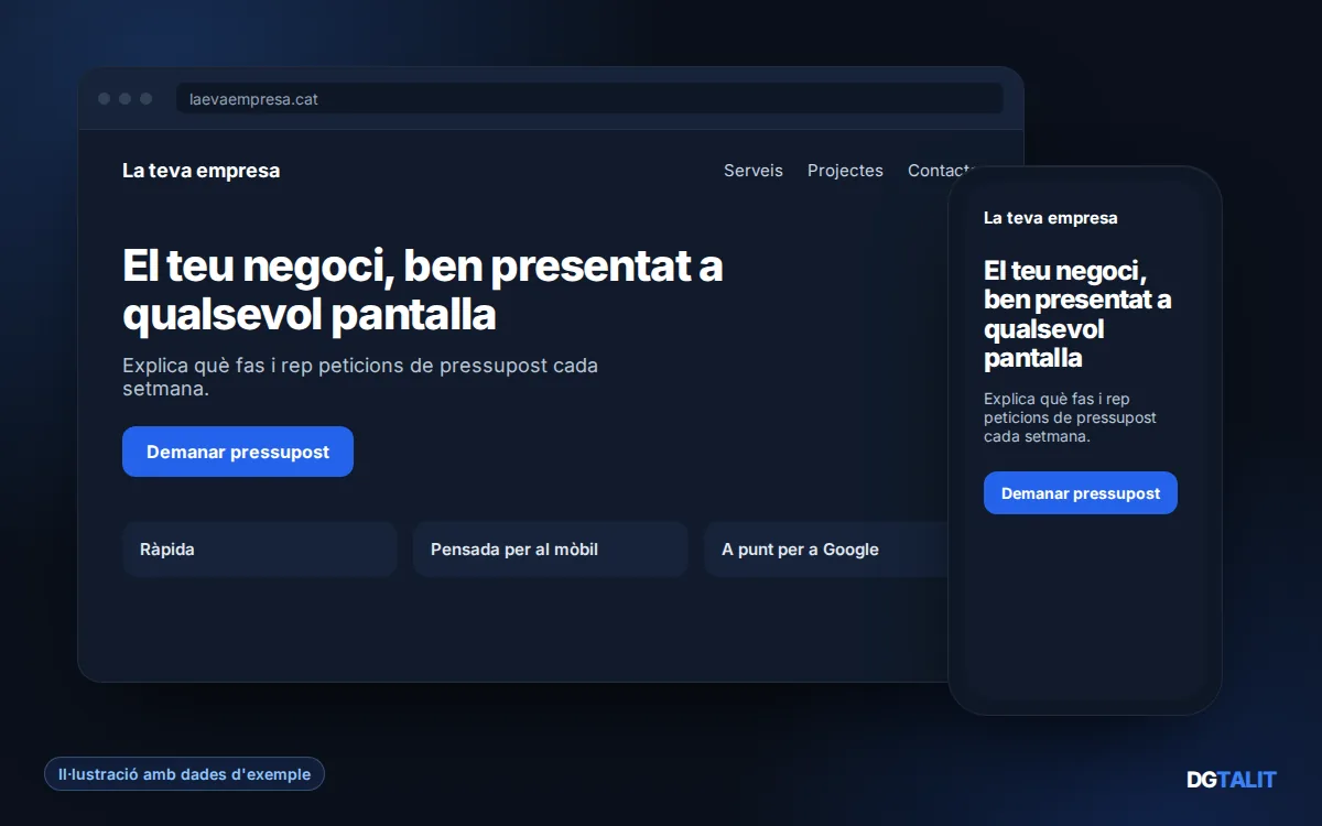 Il·lustració d’una web a mida de DGTALIT vista en ordinador i en mòbil