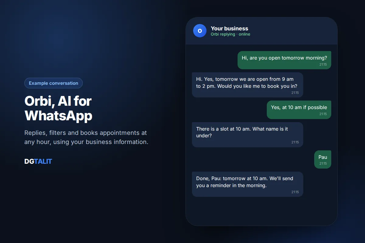Example conversation with Orbi, the DGTALIT WhatsApp AI, booking an appointment for a customer
