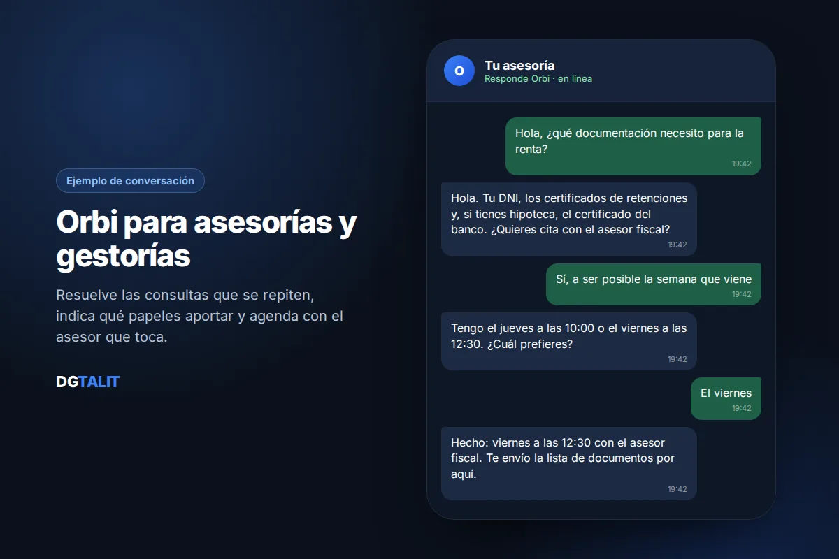 Ejemplo de conversación del chatbot de WhatsApp Orbi para asesorías: documentación de la renta y cita con el asesor fiscal