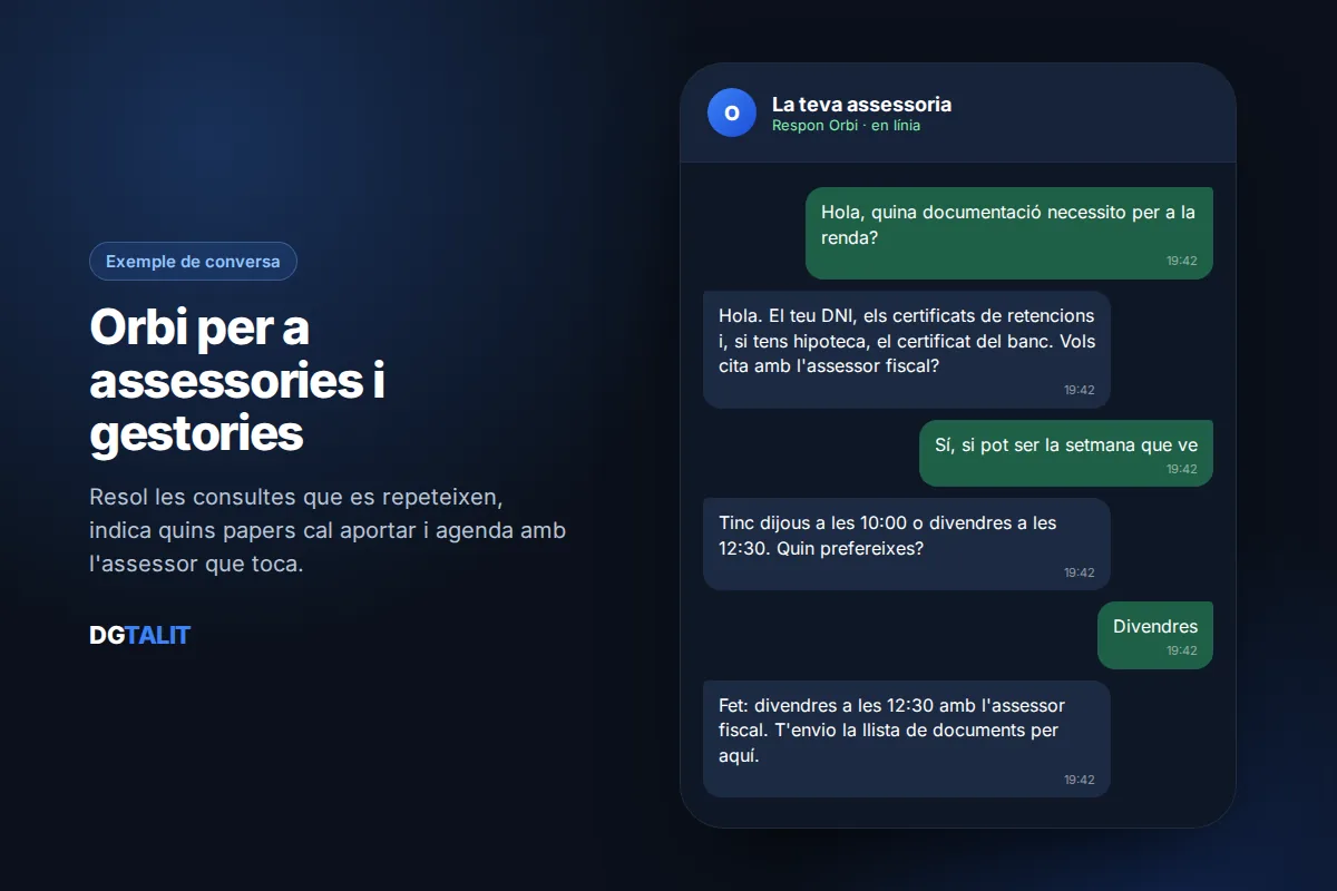 Exemple de conversa del xatbot de WhatsApp Orbi per a assessories: documentació de la renda i cita amb l’assessor fiscal