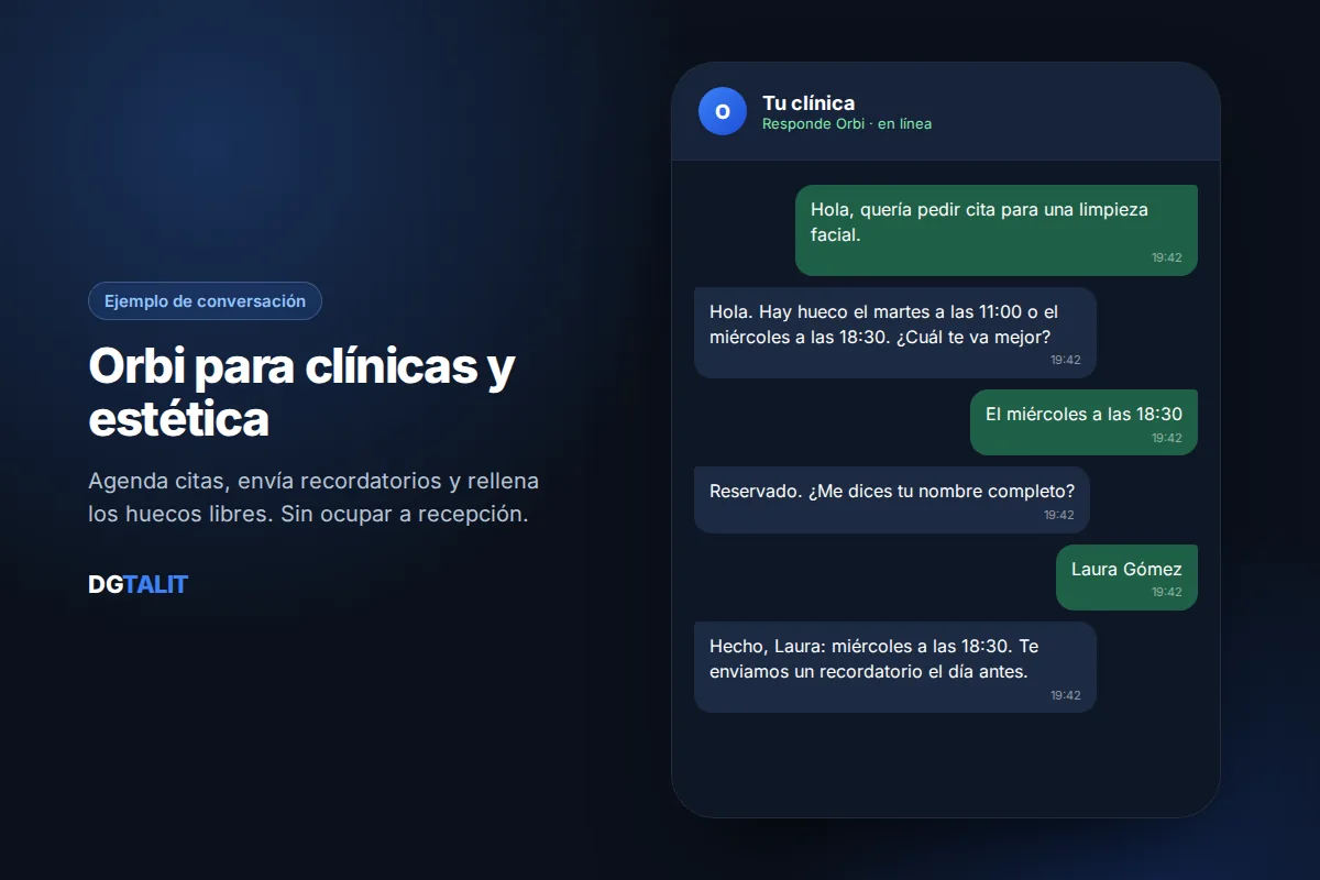 Ejemplo de conversación del chatbot de WhatsApp Orbi para clínicas de estética: cita para limpieza facial con recordatorio
