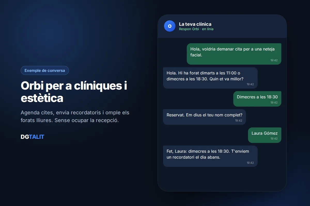 Exemple de conversa del xatbot de WhatsApp Orbi per a clíniques d’estètica: cita per a neteja facial amb recordatori