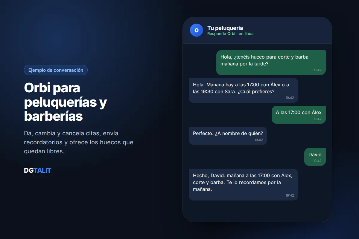 Ejemplo de conversación del chatbot de WhatsApp Orbi para peluquerías y barberías: cita para corte y barba con recordatorio