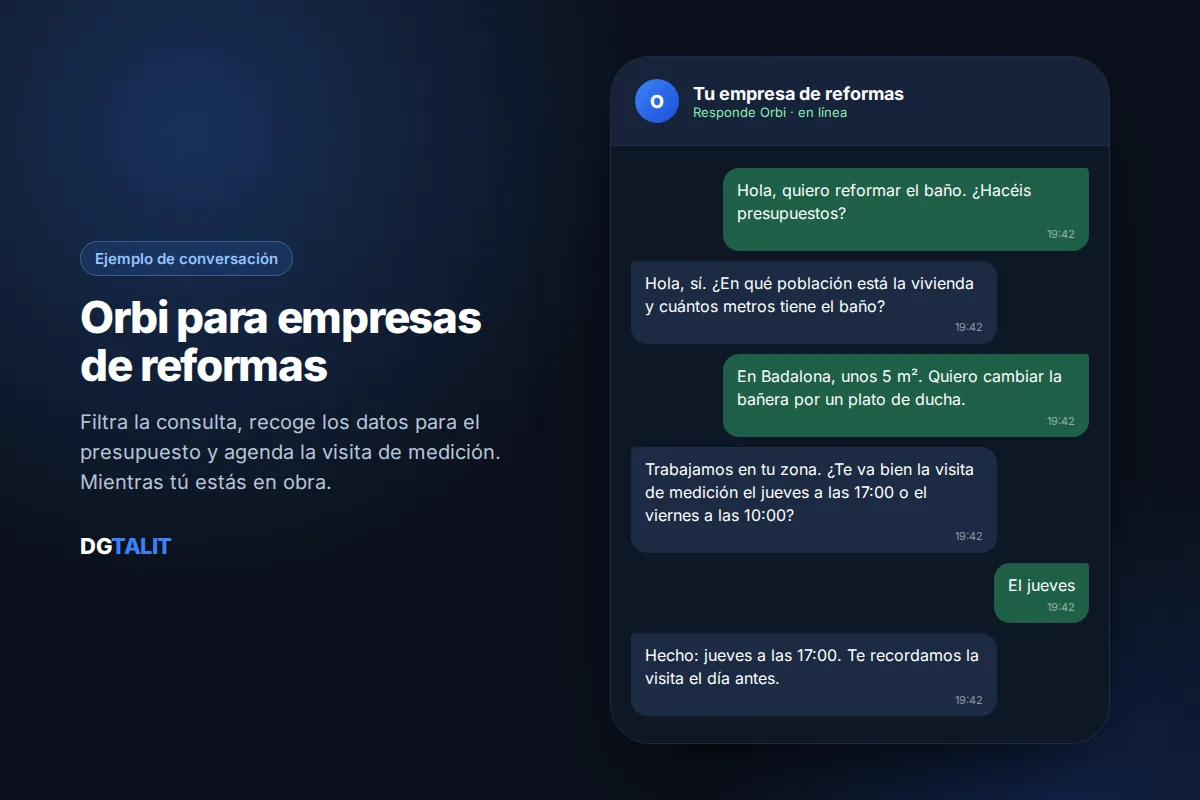 Ejemplo de conversación del chatbot de WhatsApp Orbi para empresas de reformas: recogida de datos y visita de medición
