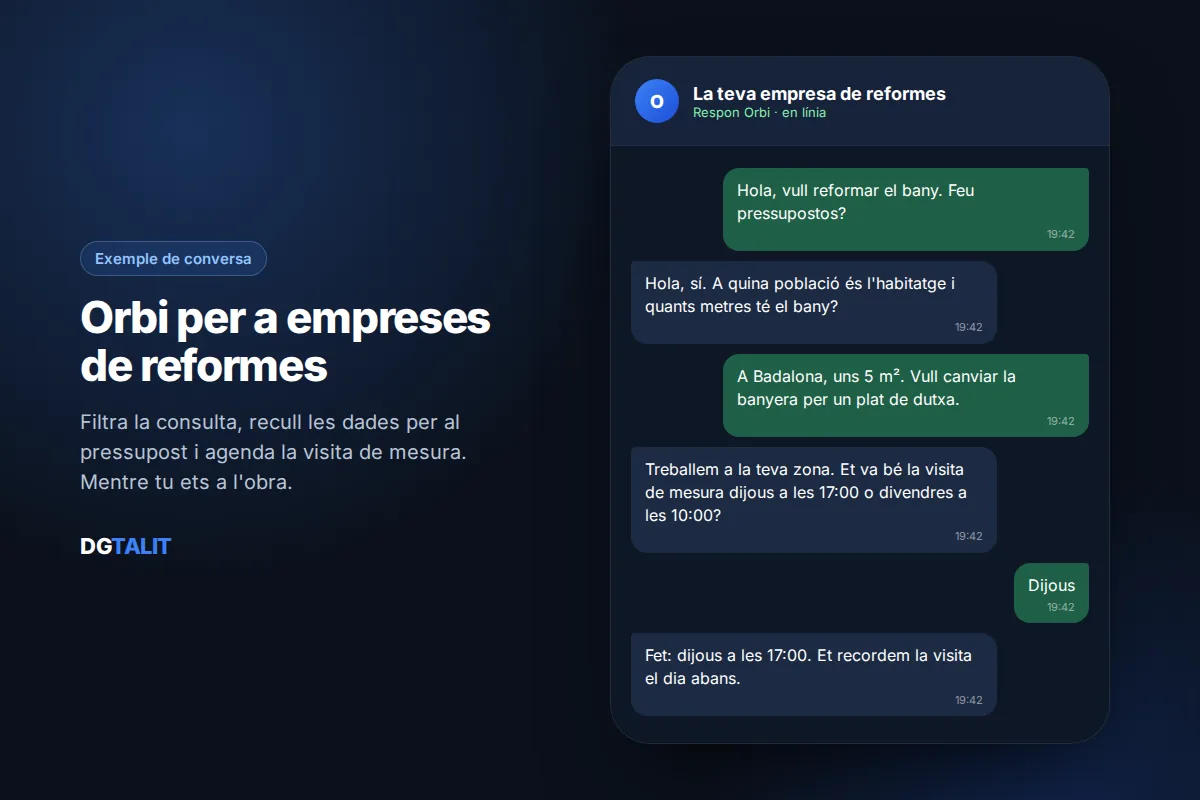 Exemple de conversa del xatbot de WhatsApp Orbi per a empreses de reformes: recollida de dades i visita de mesura
