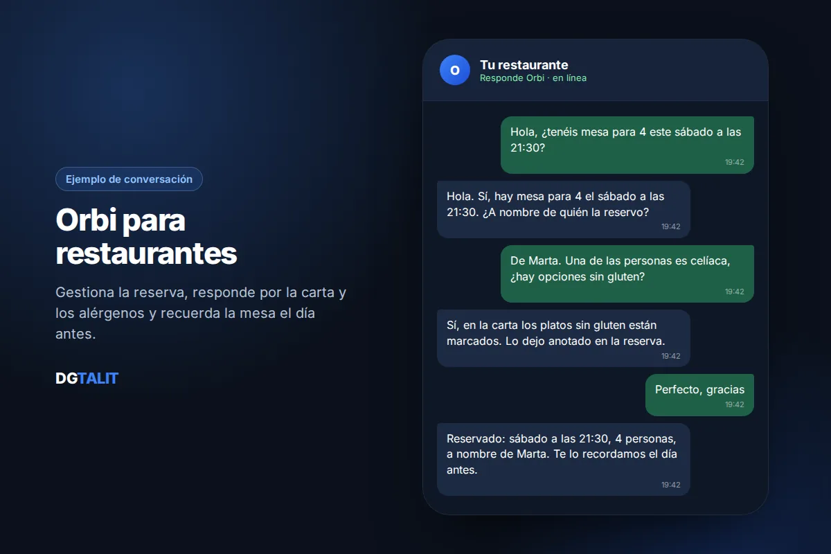 Ejemplo de conversación del chatbot de WhatsApp Orbi para restaurantes: reserva de mesa con consulta sobre opciones sin gluten