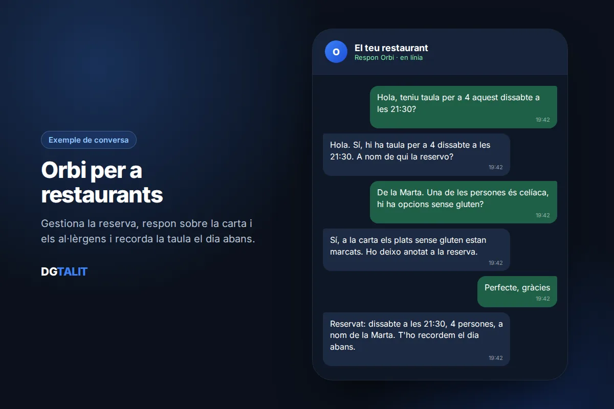 Exemple de conversa del xatbot de WhatsApp Orbi per a restaurants: reserva de taula amb consulta sobre opcions sense gluten
