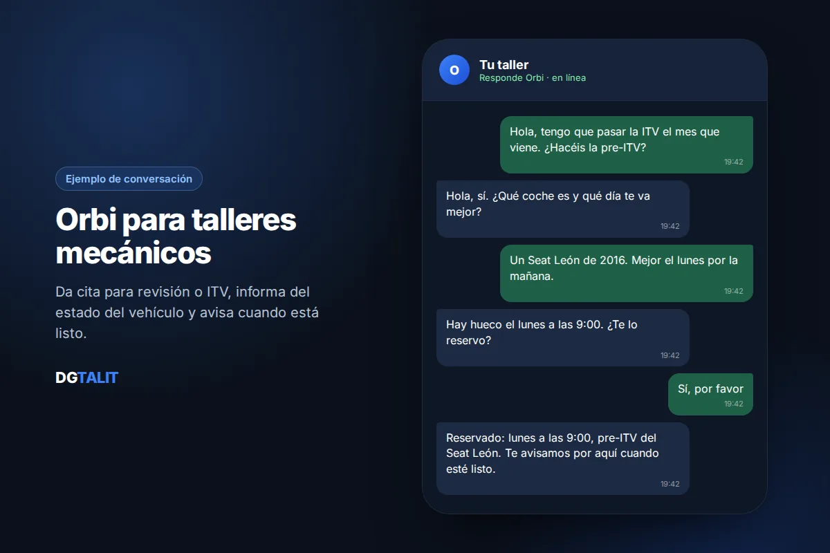 Ejemplo de conversación del chatbot de WhatsApp Orbi para talleres mecánicos: cita para pre-ITV y aviso cuando el coche está listo