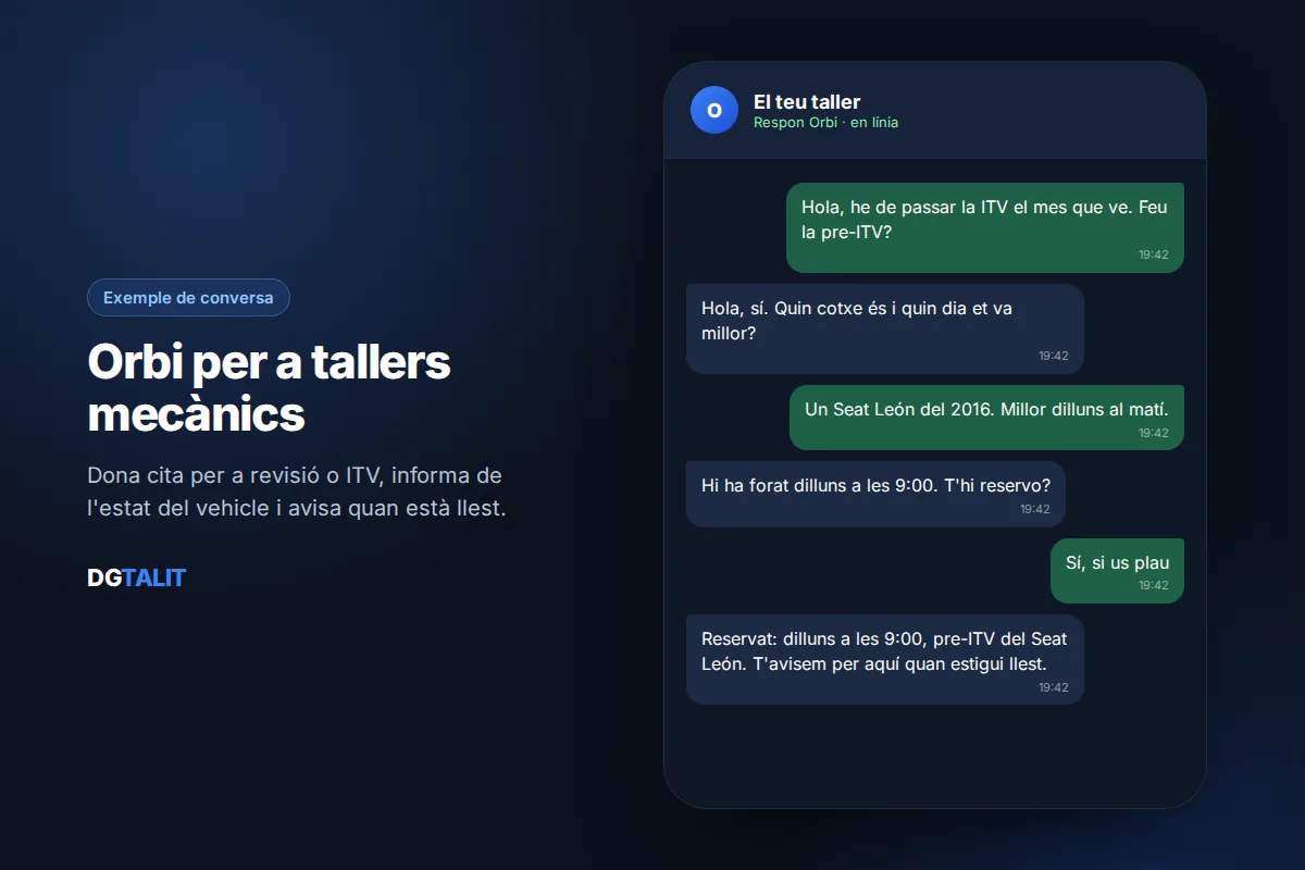 Exemple de conversa del xatbot de WhatsApp Orbi per a tallers mecànics: cita per a pre-ITV i avís quan el cotxe està llest