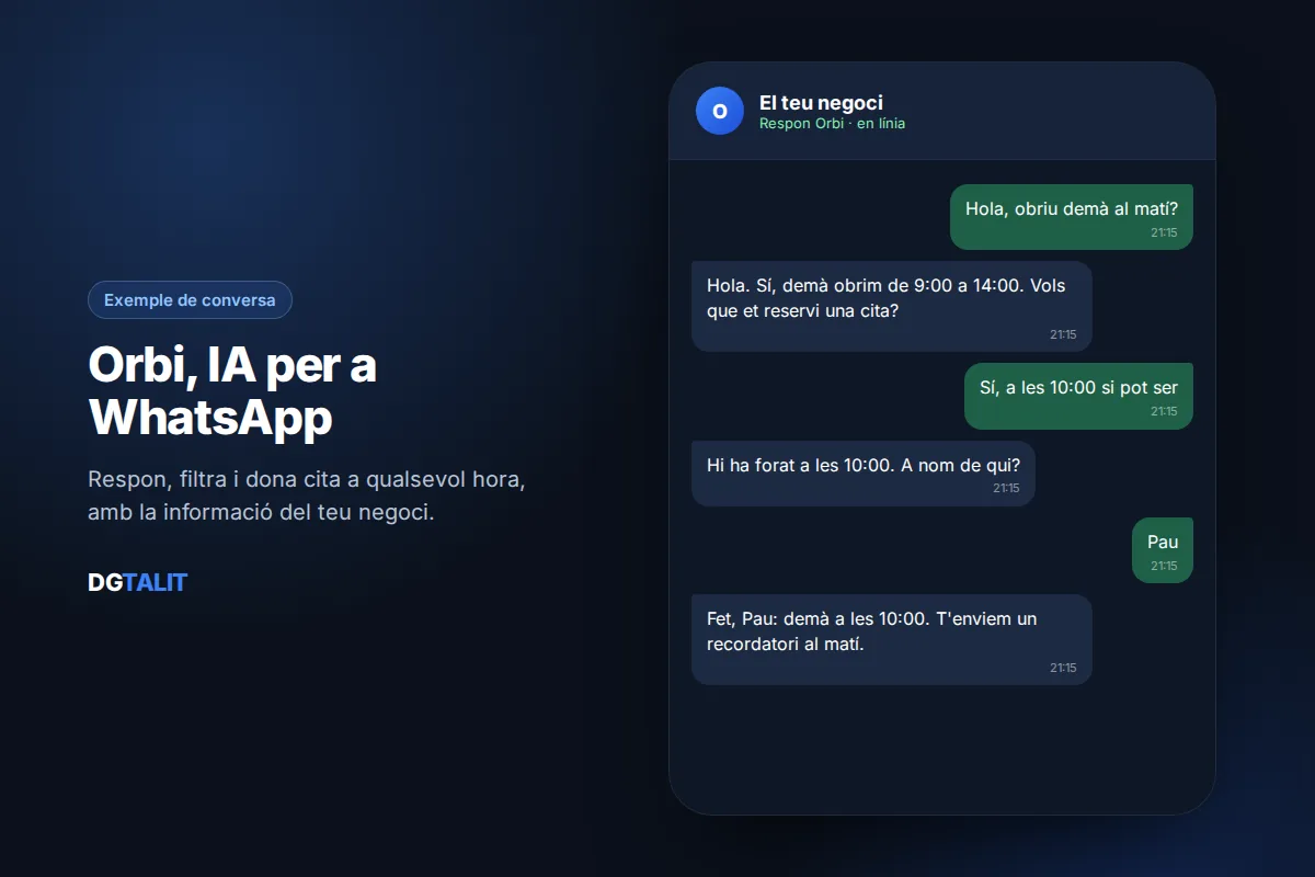 Exemple de conversa d’Orbi, la IA per a WhatsApp de DGTALIT, reservant una cita a un client