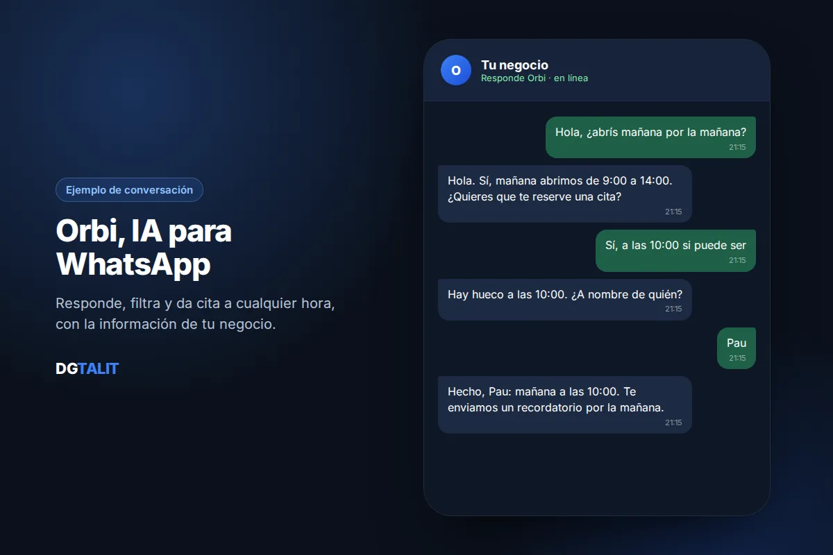 Ejemplo de conversación de Orbi, la IA para WhatsApp de DGTALIT, reservando una cita a un cliente