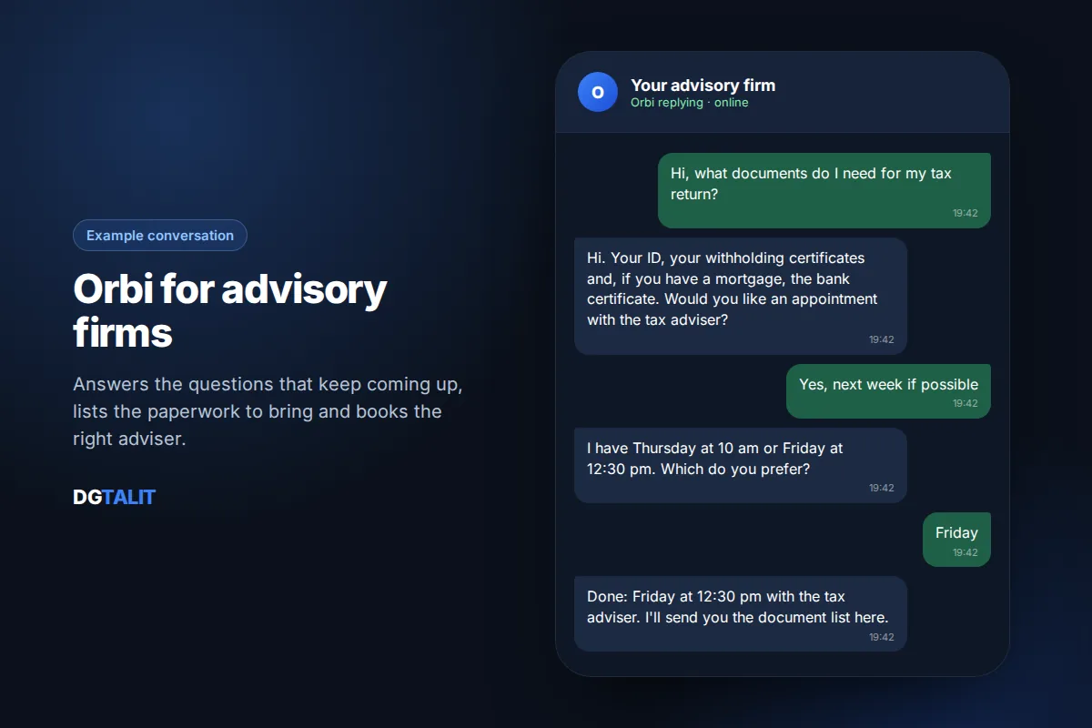 Example conversation with the Orbi WhatsApp chatbot for advisory firms: tax return documents and an appointment with the tax adviser