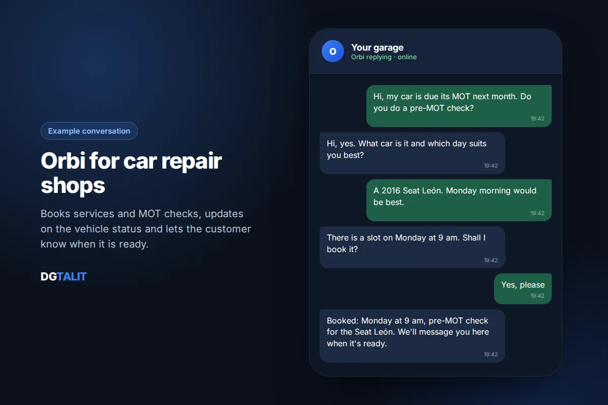 Example conversation with the Orbi WhatsApp chatbot for car repair shops: pre-MOT booking and a message when the car is ready