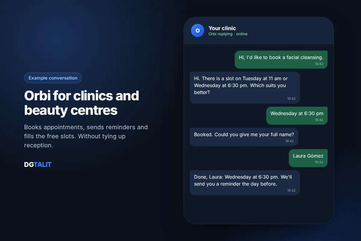 Example conversation with the Orbi WhatsApp chatbot for beauty clinics: facial appointment with a reminder
