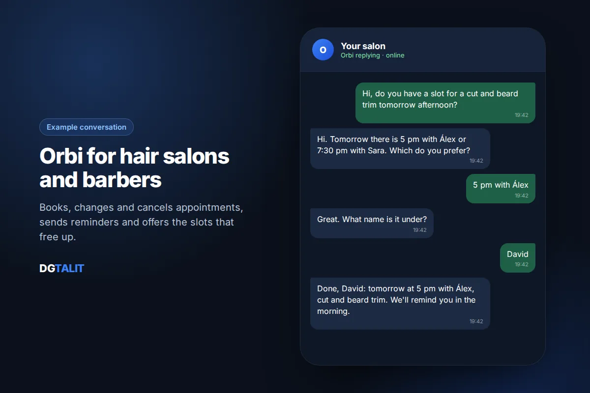 Example conversation with the Orbi WhatsApp chatbot for hair salons and barbers: cut and beard booking with a reminder