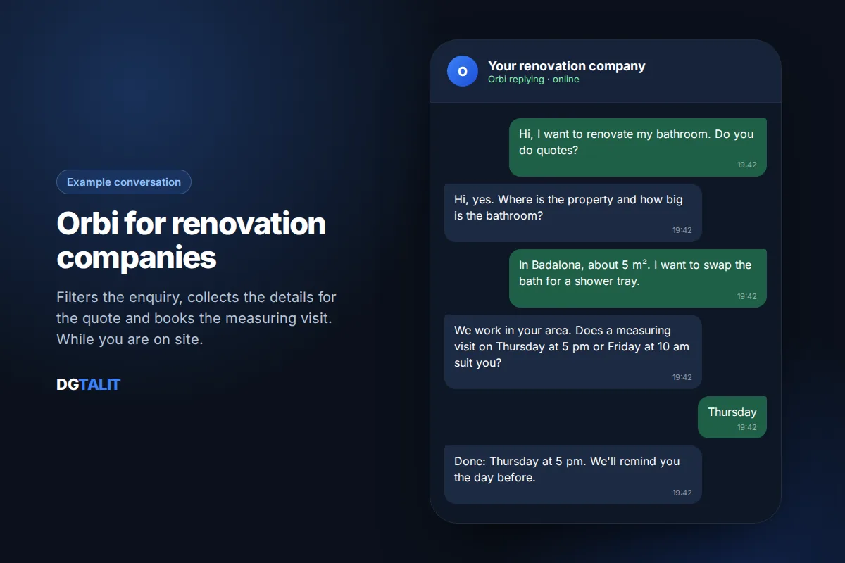 Example conversation with the Orbi WhatsApp chatbot for renovation companies: collecting details and booking a measuring visit