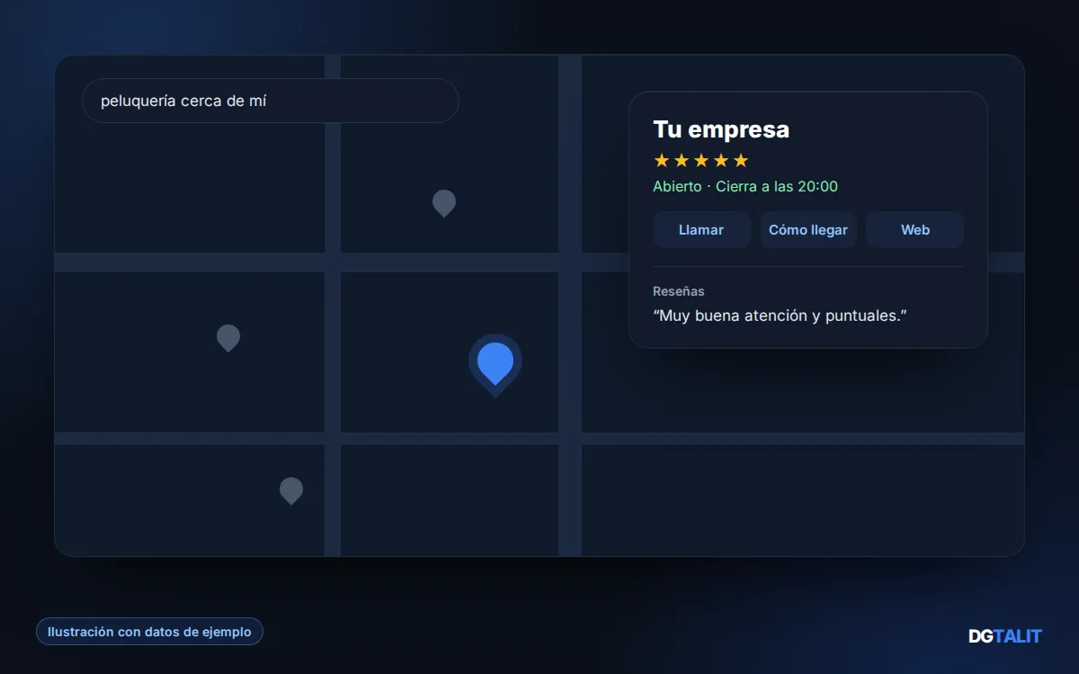 Ilustración de SEO local: ficha de empresa en el mapa con reseñas, horario y botones de contacto