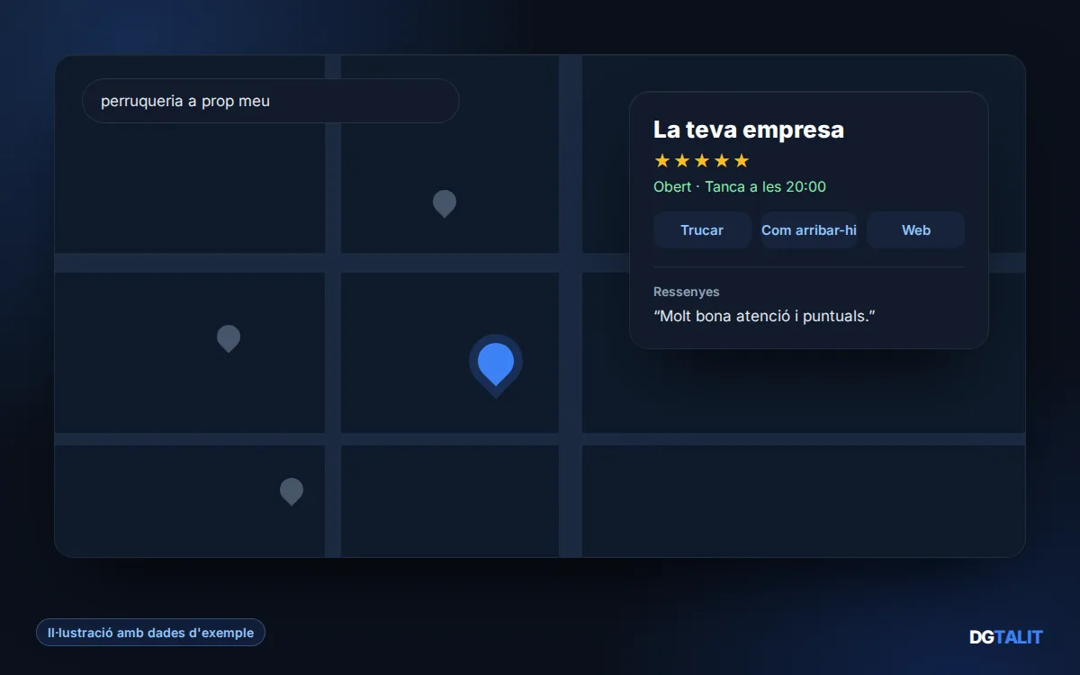 Il·lustració de SEO local: fitxa d’empresa al mapa amb ressenyes, horari i botons de contacte